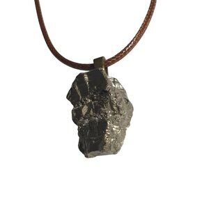 Natural Pyrite Stone Pendant Brown Cord Necklace Earth Bling Gift Jewelry
